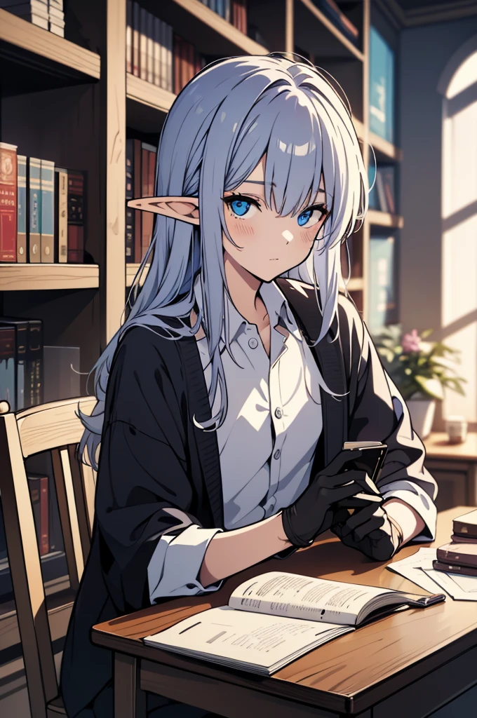 Cool male elf with blue and blue-purple heterochromia, Silver straight hair, Wearing a white shirt, Wearing slacks, Wearing black gloves, sitting at a desk surrounded by bookshelves, Looks tired, Thinking about something, (Highest quality,8K,High resolution,masterpiece), Highly detailed facial expressions, Intricate details, Natural light, Warm colors, Soft Focus, Digital Painting, Fantasy art, 