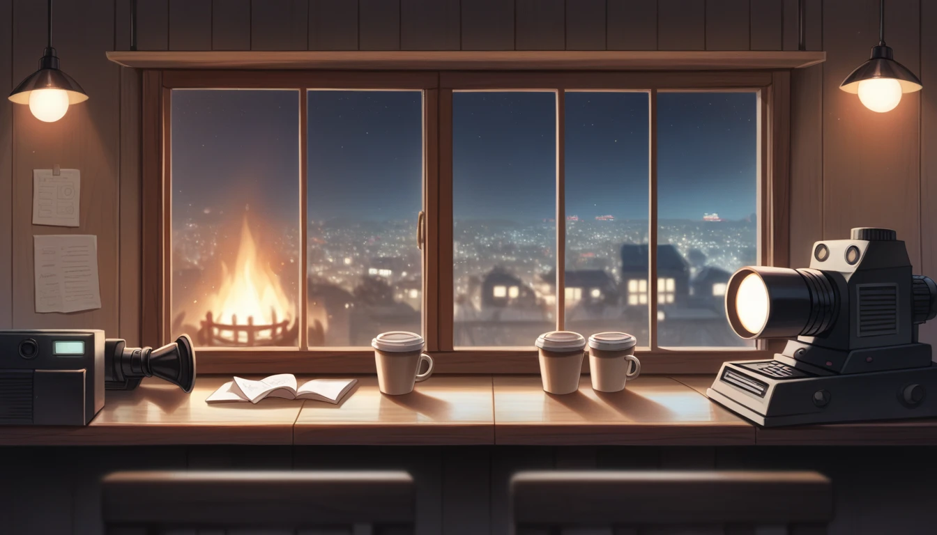 雰囲気のある, 暖かい光で照らされた複数の木製のテーブルがある居心地の良い夜のコーヒーショップ, 柔らかな照明. 焦点は大きな, 部屋の中央にある魅力的な窓からは街の景色が一望できます. 窓に隣接, パチパチと音を立てる暖炉が心地よい雰囲気を醸し出す, 空間全体に優しい光を投げかける