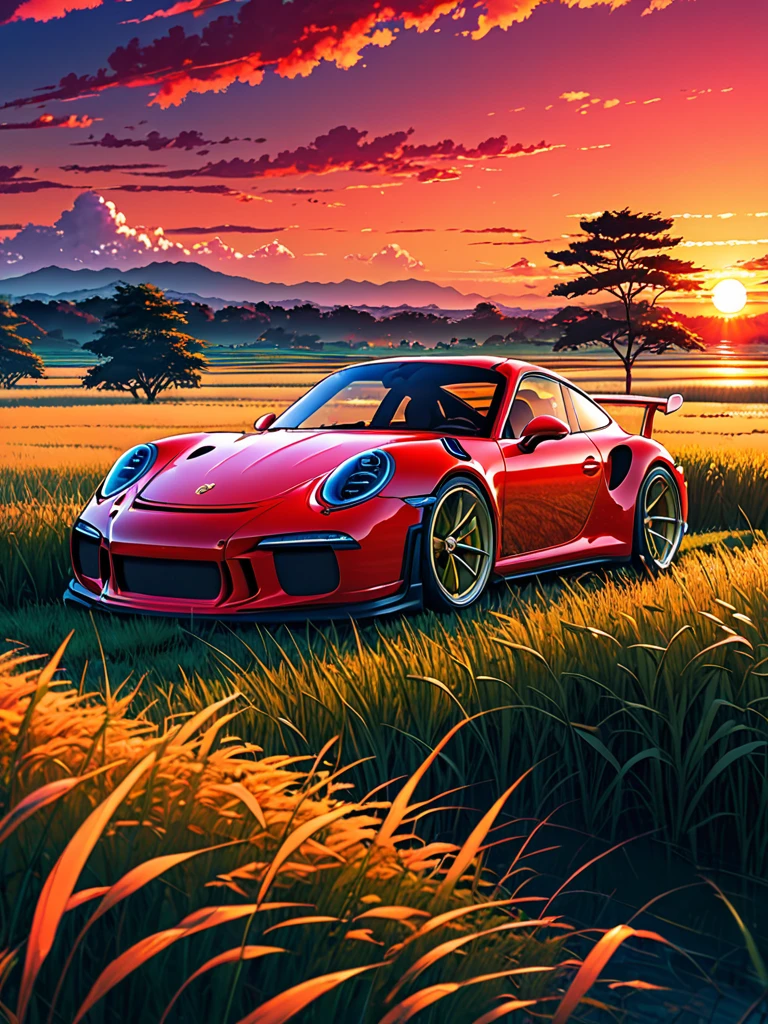 paisagem de anime de um Porsche 911 GT3 clássico vermelho pérola vívido sentado em um campo de grama alta com um pôr do sol ao fundo.linda cena de anime, linda cena de paz de anime, Makoto Shinkai Cyril Rolando, linda cena de anime, papel de parede incrível, Papel de parede de arte anime 8K, fundo de anime, artistic fundo de anime, papel de parede de anime 4k, papel de parede de arte anime 4k, Arte de papel de parede de anime 4k,