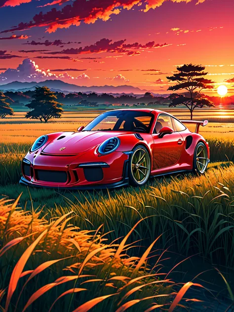 anime landscape of A pearl vivid red classic Porsche 911 GT3 sits in a field of tall grass with a sunset in the background.beaut...