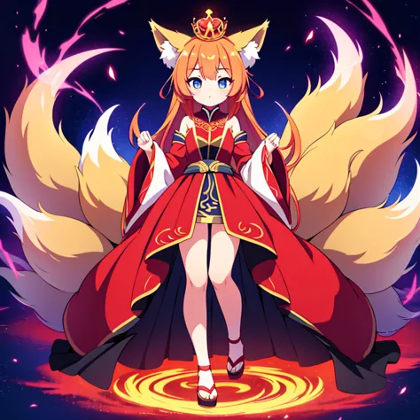 ) full body, beautiful eyes , 1 girl  , full body , cute girl , anime style , cute eyes ,fox , (ball gown) , crown , hidden legs...