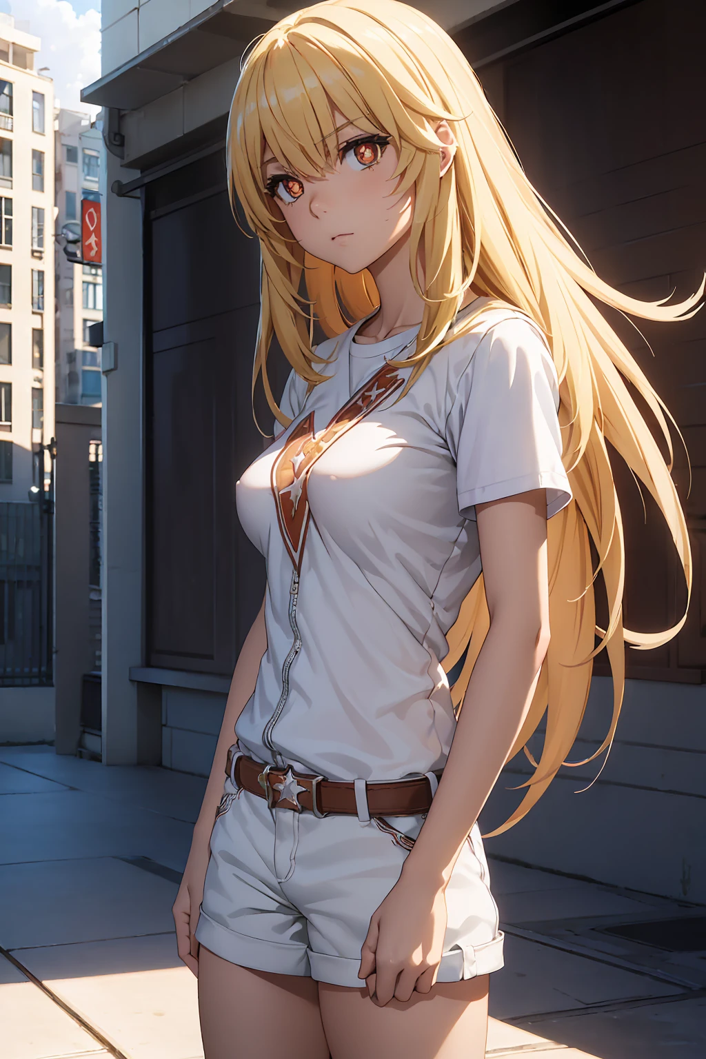 NSFW Highest quality, (masterpiece:1.2),{{Shirt lift}}　{{{{{topless}}}}＋＋,misaki shokuhou　 blonde, 　Shorts, White knee socks, Destroy Outdoor, city, null, sun, cloud, 壊す looking at viewer, (Cowboy Shot:1.5), Breaking long hair, (Symbol-shaped pupil:1.5)＋＋, (Big Breasts), (masterpiece:1.2), Highest quality, High resolution, unity 8k wallpaper, (shape:0.8), (Beautiful attention to detail:1.6), Highly detailed face, Perfect lighting, Extremely detailed CG, (Perfect hands, Perfect Anatomy),　Bedroom　Mood lighting