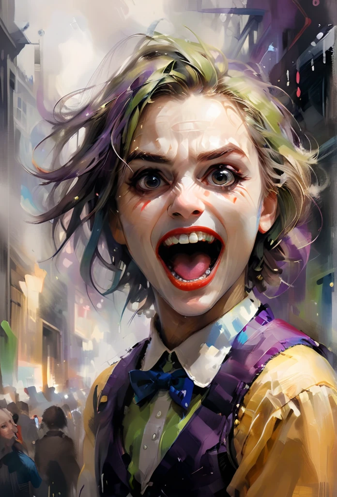 a painting of an Joker with its mouth open, popular on art station, laughter and screaming face, the artist has used bright, by Peter Rockwell, digital photo, exaggerated expression, close to the camera, cheerful, whiskers, smiling at the viewer, by Suzy Rice, watercolor, oil and watercolor painting