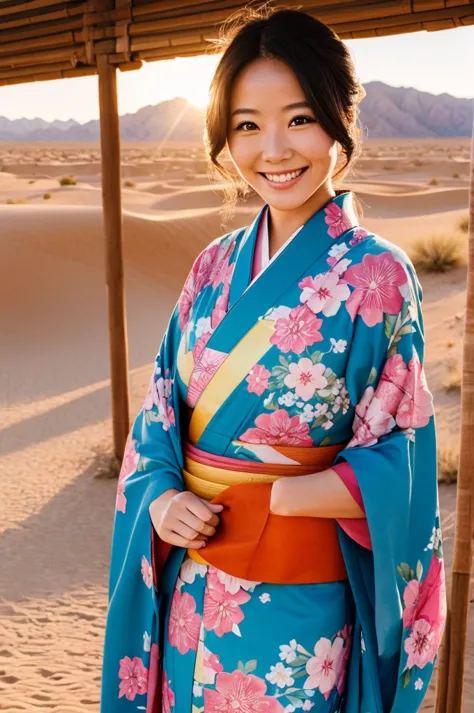 a beautiful smiling woman in a kimono in the sunlit desert