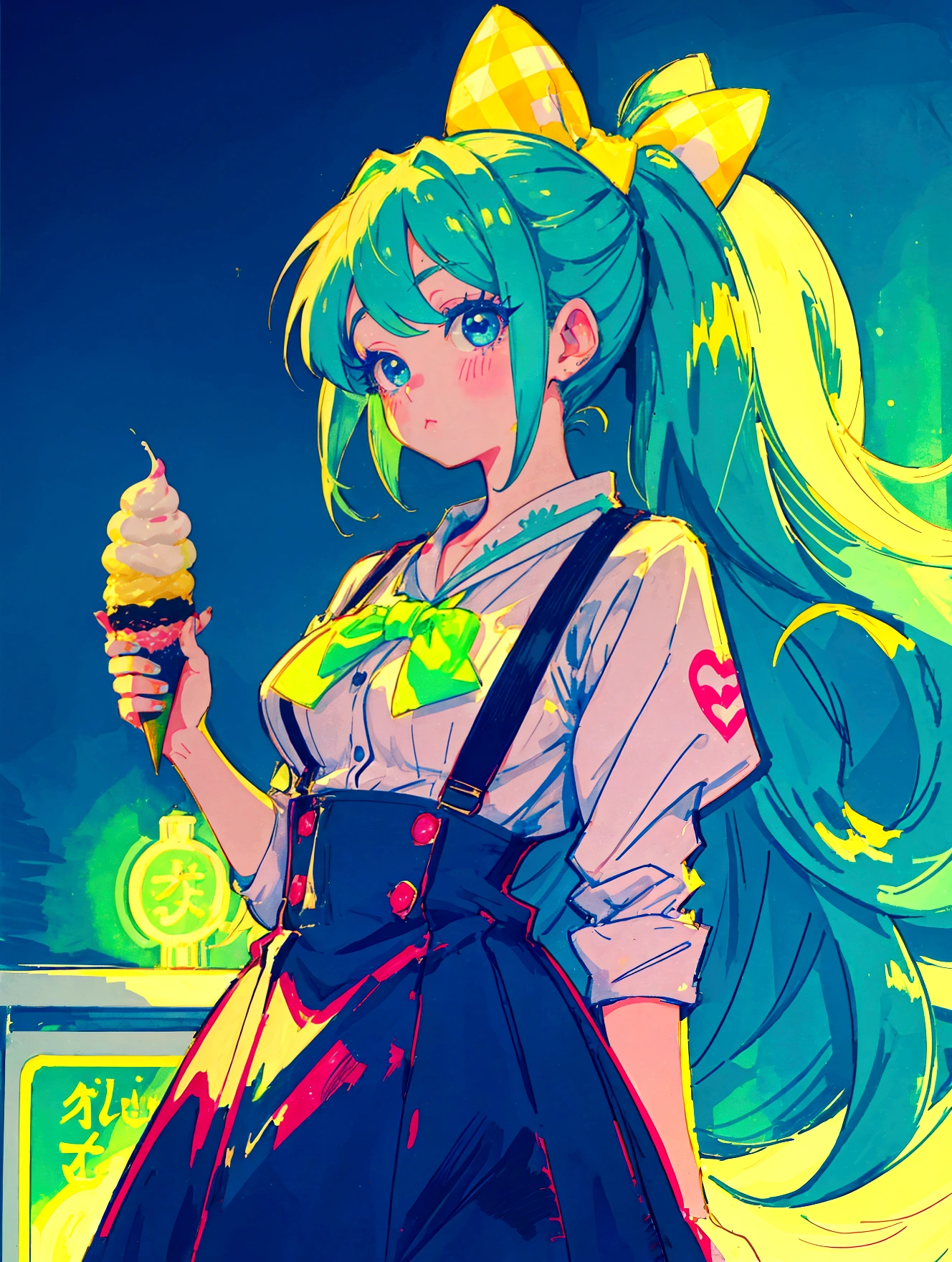 A cute girl，Anime art style，Head close-up，Big eyes with long eyelashes，Hair tied at the back，The big bow is decorated with colorful plaid，She&#39;s in a retro dessert shop with a vintage neon sign，Holding ice cream，Surrounded by colorful desserts poster。She has blue eyes and fair skin.。She was wearing a green suspender skirt，A bow is tied around the neck。Bright colors，Strong contrast，Kawaii punk aesthetic