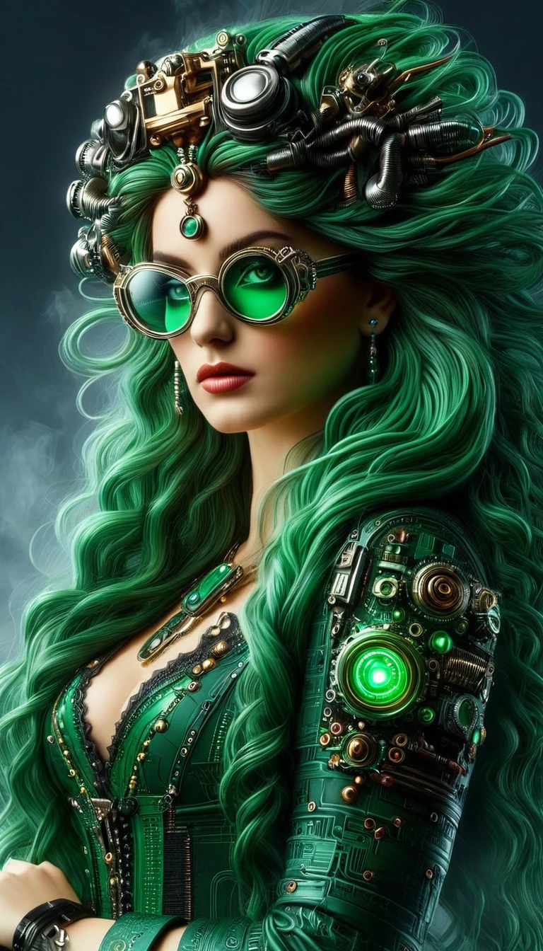 Un portrait hyperréaliste d’une sublime femme heureuse aux ยาว ผม vert sombre foncé, สวมชุดลูกไม้สีขาวพร้อมเครื่องประดับสไตล์สตีมพังค์, (เธอสวมแว่นตาที่ทำจากองค์ประกอบวงจรเทคโนโลยี : 1.8, ((แว่นตารูปทรงแฟร็กทัลพร้อมระบบที่ซับซ้อนที่เกิดจากหมาป่าและอุปกรณ์เสริมวงจรเทคโนโลยี)),système มาก détaillé), ผม_มาก_ยาว, ตั้งอยู่ในห้องสไตล์วิคตอเรียนที่มีองค์ประกอบทางกล, ดันทรงหน้าอกไม่ตัด , ดูเข้มข้นและเย้ายวน 