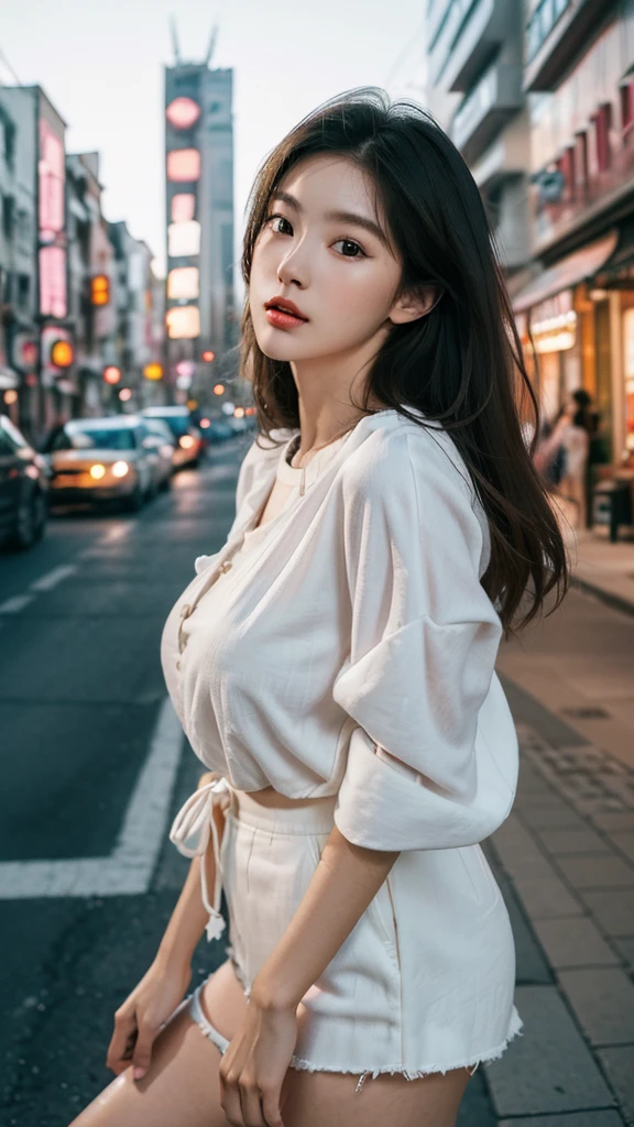 (best quality,16,000,high resolution,masterpiece:1.2),very detailed,(realistic,realistic,realistic:1.37),Korean Fashion Beauty,Japanese and Korean beauties,Cute and innocent,Eyes and face are detailed,beautiful and delicate lips,white teeth,long eyelashes,slime,The clothes are fashionable,shorts short skirts,plump upper circumference,big bust,split,(Beloved,attractive:1.1),colorful street background,stylish clothes and accessories,The texture of the clothes is soft,portrait style photography,vivid colors,Street lamp.