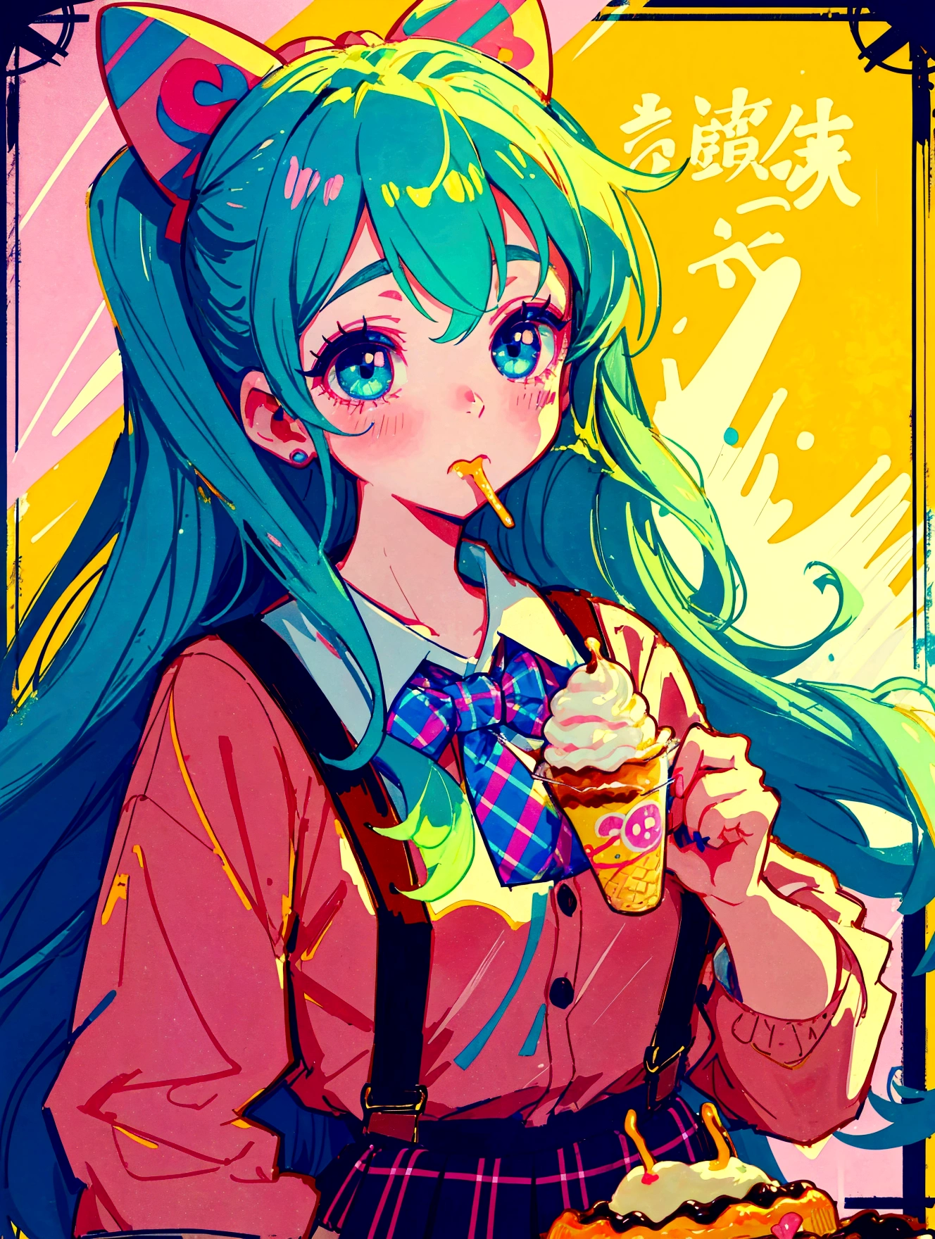 A cute girl，Anime art style，Head close-up，Big eyes with long eyelashes，Hair tied at the back，The big bow is decorated with colorful plaid，She&#39;s in a retro dessert shop with a vintage neon sign，Holding ice cream，Surrounded by colorful desserts poster。She has blue eyes and fair skin.。She was wearing a green plaid suspender skirt，A bow is tied around the neck。Bright colors，Strong contrast，Kawaii punk aesthetic