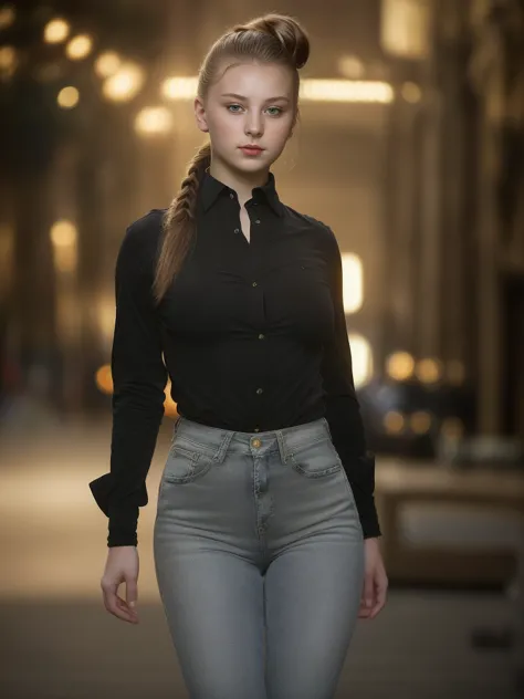 16 year old Russian girl with ponytail fringe,unbuttoned shirt,high waist black jeans, full frame shot, sexy vibe, defined thigh...