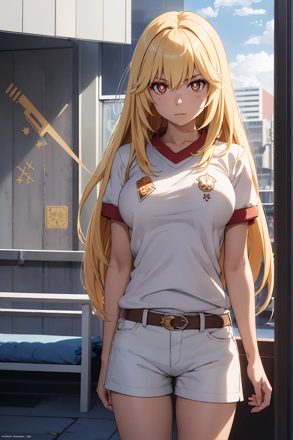 NSFW Highest quality, (masterpiece:1.2),{{Shirt lift}}　{{{{{topless}}}}＋＋,misaki shokuhou　 blonde, 　Shorts, White knee socks, Destroy Outdoor, city, null, sun, cloud, 壊す looking at viewer, (Cowboy Shot:1.5), Breaking long hair, (Symbol-shaped pupil:1.5)＋＋, (Big Breasts), (masterpiece:1.2), Highest quality, High resolution, unity 8k wallpaper, (shape:0.8), (Beautiful attention to detail:1.6), Highly detailed face, Perfect lighting, Extremely detailed CG, (Perfect hands, Perfect Anatomy),　Bedroom　Mood lighting　tokiwadai school gym clothes