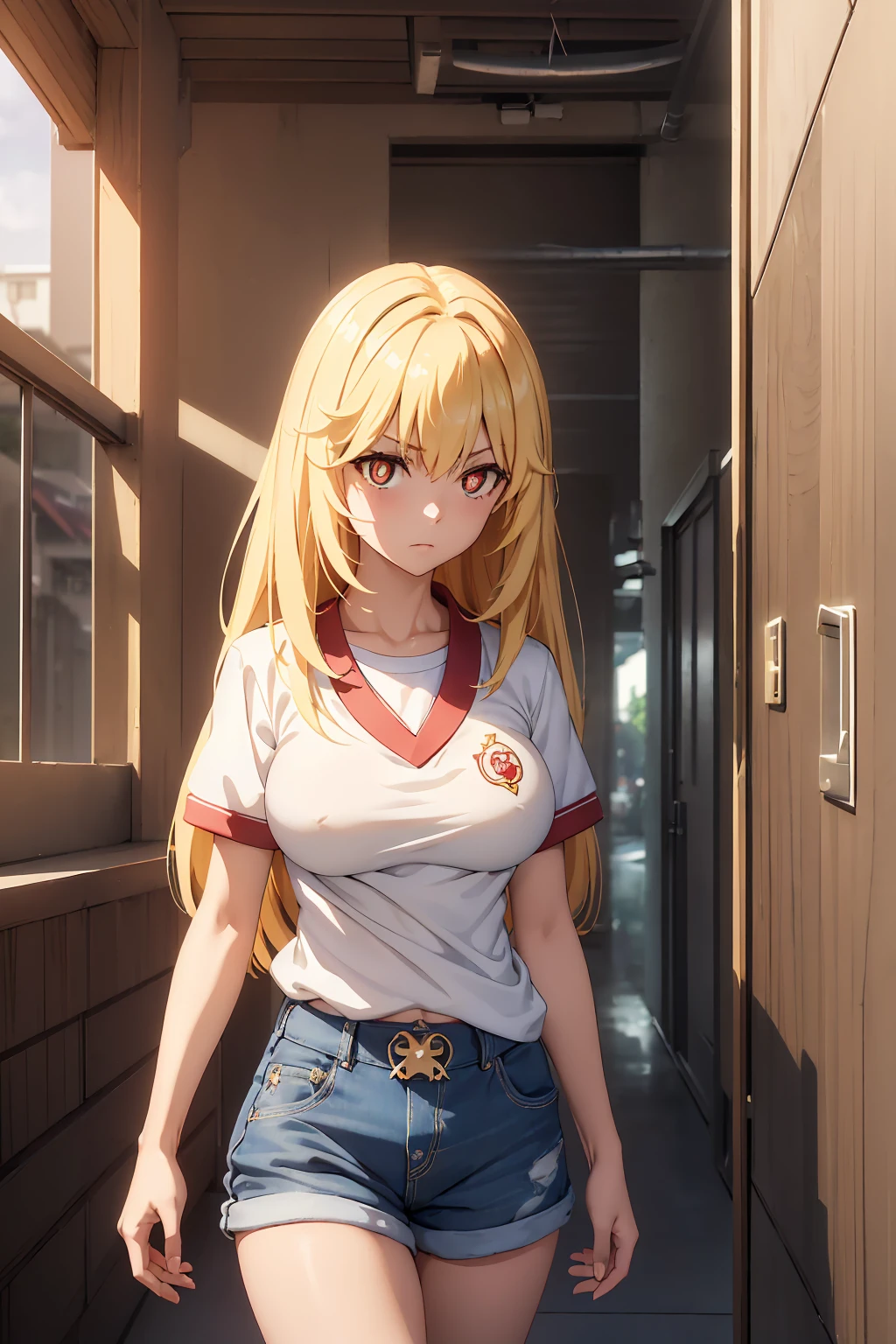 NSFW Highest quality, (masterpiece:1.2),{{Shirt lift}}　{{{{{topless}}}}＋＋,misaki shokuhou　 blonde, 　Shorts, White knee socks, Destroy Outdoor, city, null, sun, cloud, 壊す looking at viewer, (Cowboy Shot:1.5), Breaking long hair, (Symbol-shaped pupil:1.5)＋＋, (Big Breasts), (masterpiece:1.2), Highest quality, High resolution, unity 8k wallpaper, (shape:0.8), (Beautiful attention to detail:1.6), Highly detailed face, Perfect lighting, Extremely detailed CG, (Perfect hands, Perfect Anatomy),　Bedroom　Mood lighting　tokiwadai school gym clothes