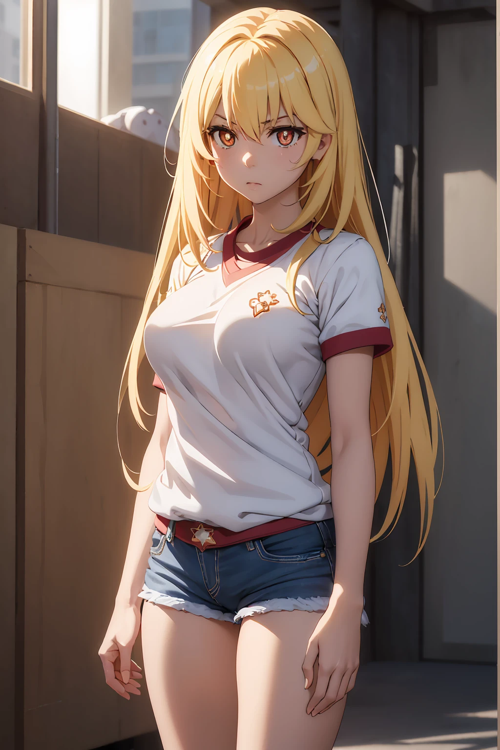 NSFW Highest quality, (masterpiece:1.2),{{Shirt lift}}　{{{{{topless}}}}＋＋,misaki shokuhou　 blonde, 　Shorts, White knee socks, Destroy Outdoor, city, null, sun, cloud, 壊す looking at viewer, (Cowboy Shot:1.5), Breaking long hair, (Symbol-shaped pupil:1.5)＋＋, (Big Breasts), (masterpiece:1.2), Highest quality, High resolution, unity 8k wallpaper, (shape:0.8), (Beautiful attention to detail:1.6), Highly detailed face, Perfect lighting, Extremely detailed CG, (Perfect hands, Perfect Anatomy),　Bedroom　Mood lighting　tokiwadai school gym clothes