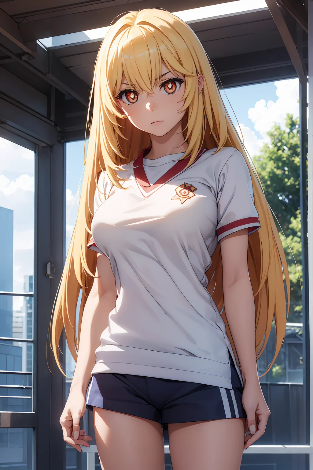 NSFW Highest quality, (masterpiece:1.2),{{Shirt lift}}　{{{{{topless}}}}＋＋,misaki shokuhou　 blonde, 　Shorts, White knee socks, Destroy Outdoor, city, null, sun, cloud, 壊す looking at viewer, (Cowboy Shot:1.5), Breaking long hair, (Symbol-shaped pupil:1.5)＋＋, (Big Breasts), (masterpiece:1.2), Highest quality, High resolution, unity 8k wallpaper, (shape:0.8), (Beautiful attention to detail:1.6), Highly detailed face, Perfect lighting, Extremely detailed CG, (Perfect hands, Perfect Anatomy),　Bedroom　Mood lighting　tokiwadai school gym clothes