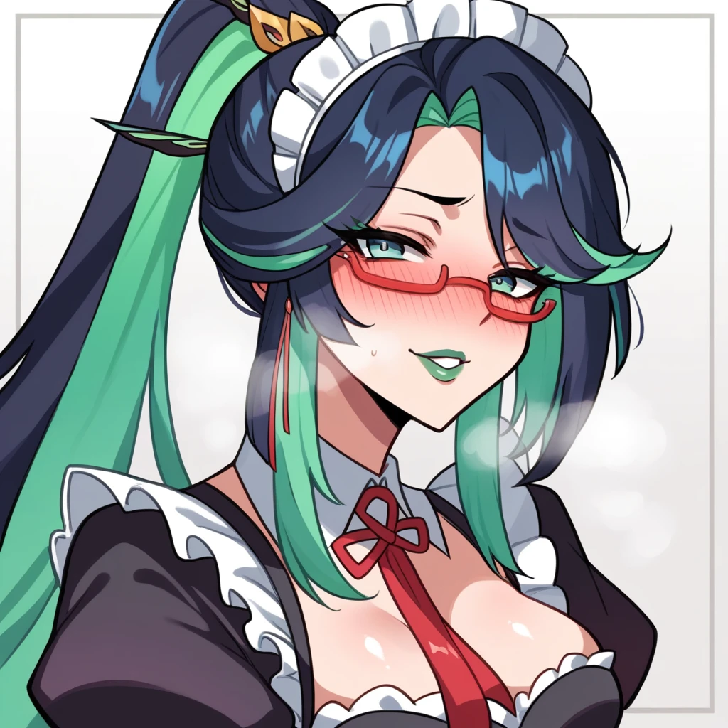 A female,green lip gloss, streaked hair, long ponytail, shiny hair, maid headdress, red over-rim eyewear, full blush, parted lips, seductive smile, heavy breathing, framed, tachi-e, stereogram, UHD, textured skin, masterpiece, highres, 16k, 1080P，Upper focus
