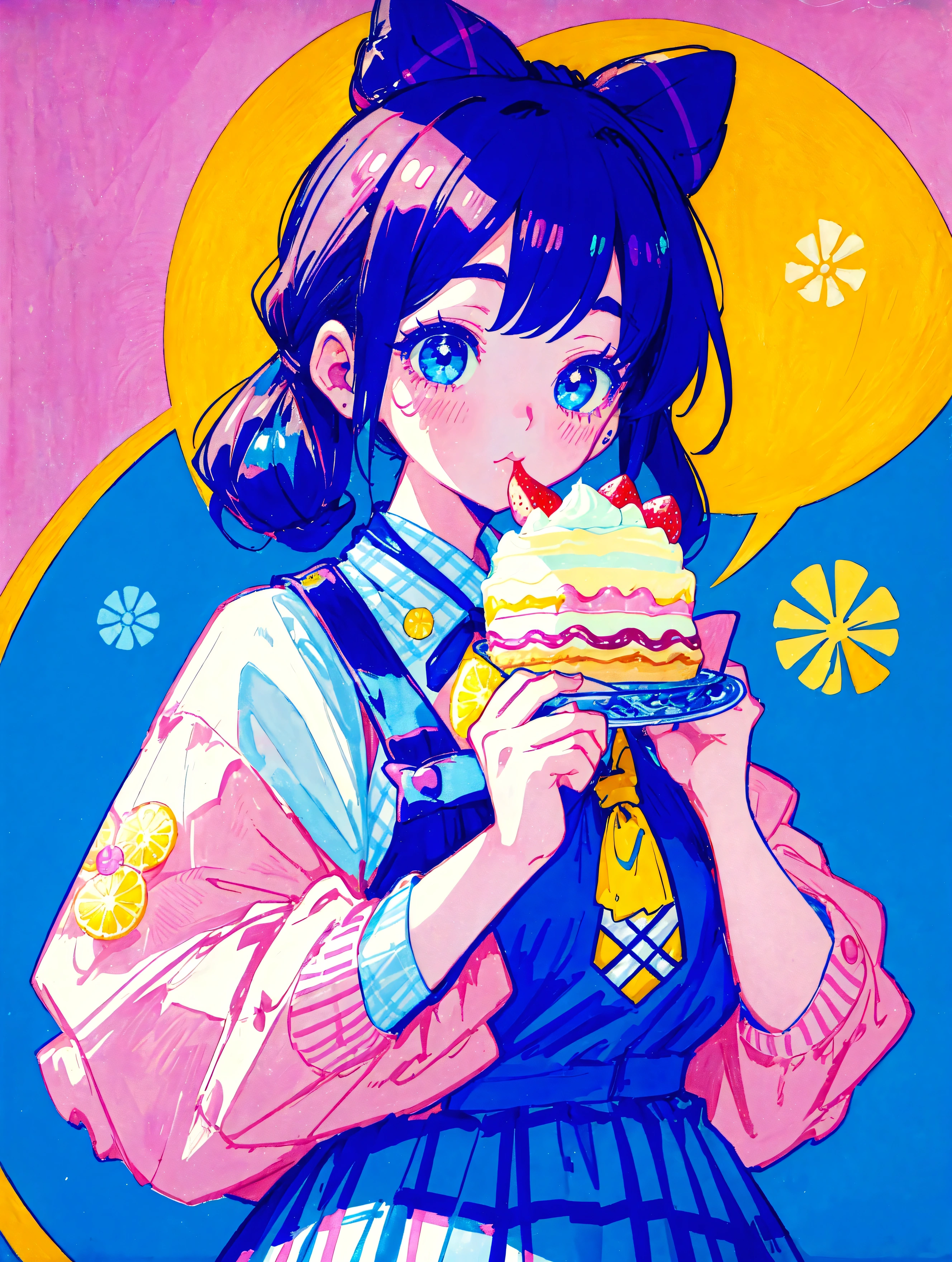 A cute girl，Anime art style，Head close-up，Big eyes with long eyelashes，Hair tied at the back，The big bow is decorated with colorful plaid，She eats a fruit pie at a vintage dessert shop with a retro neon sign，Surrounded by colorful desserts poster。She has blue eyes and fair skin.。She was wearing a blue and white plaid suspender skirt，A bow is tied around the neck。Bright colors，Strong contrast，Kawaii punk aesthetic