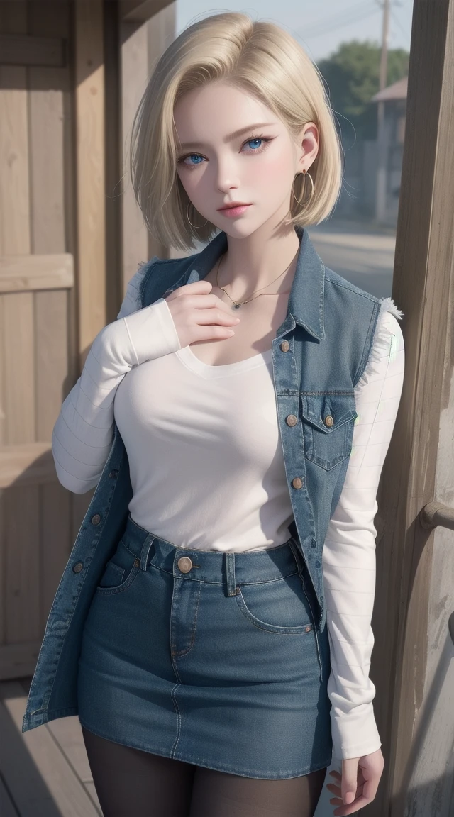 Android 18, Blonde hair, blue eyes, eyelash, Hoop Earrings, short hair, Earring straps, Pantyhose, Collar，shirt, 胸pocket,  clavicle, denim, denim skirt, Cowboy shooting，ハイウエストskirt, Jewelry, Long sleeve, pocket, shirt, shirt tucked in, skirt, Striped, Striped sleeves, Vest,The right move,Japanese Attractions Background
