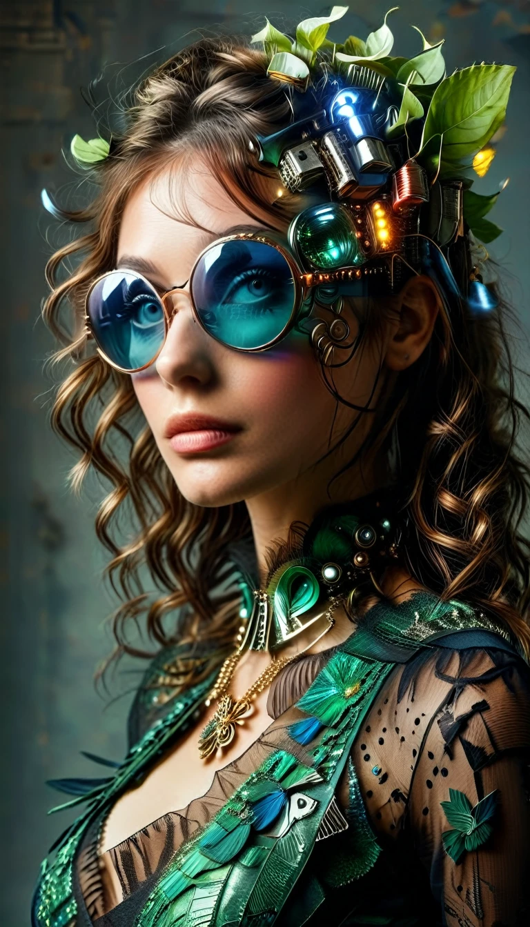 Un portrait hyperréaliste d’une sublime femme heureuse aux Lange Haar vert sombre foncé, portant une robe en dentelle blanche avec des accessoires steampunk, (elle porte des lunettes formées d'éléments circuitrytech : 1.8, ((Fraktal geformte Brillen mit einem komplexen System aus Wölfen und schaltkreistechnischen Accessoires)),système Sehr détaillé), Haar_Sehr_Lange, in einem Zimmer im viktorianischen Stil mit mechanischen Elementen untergebracht, Push-up-Effekt, tief ausgeschnittene Brust , intensiver und sinnlicher Blick 