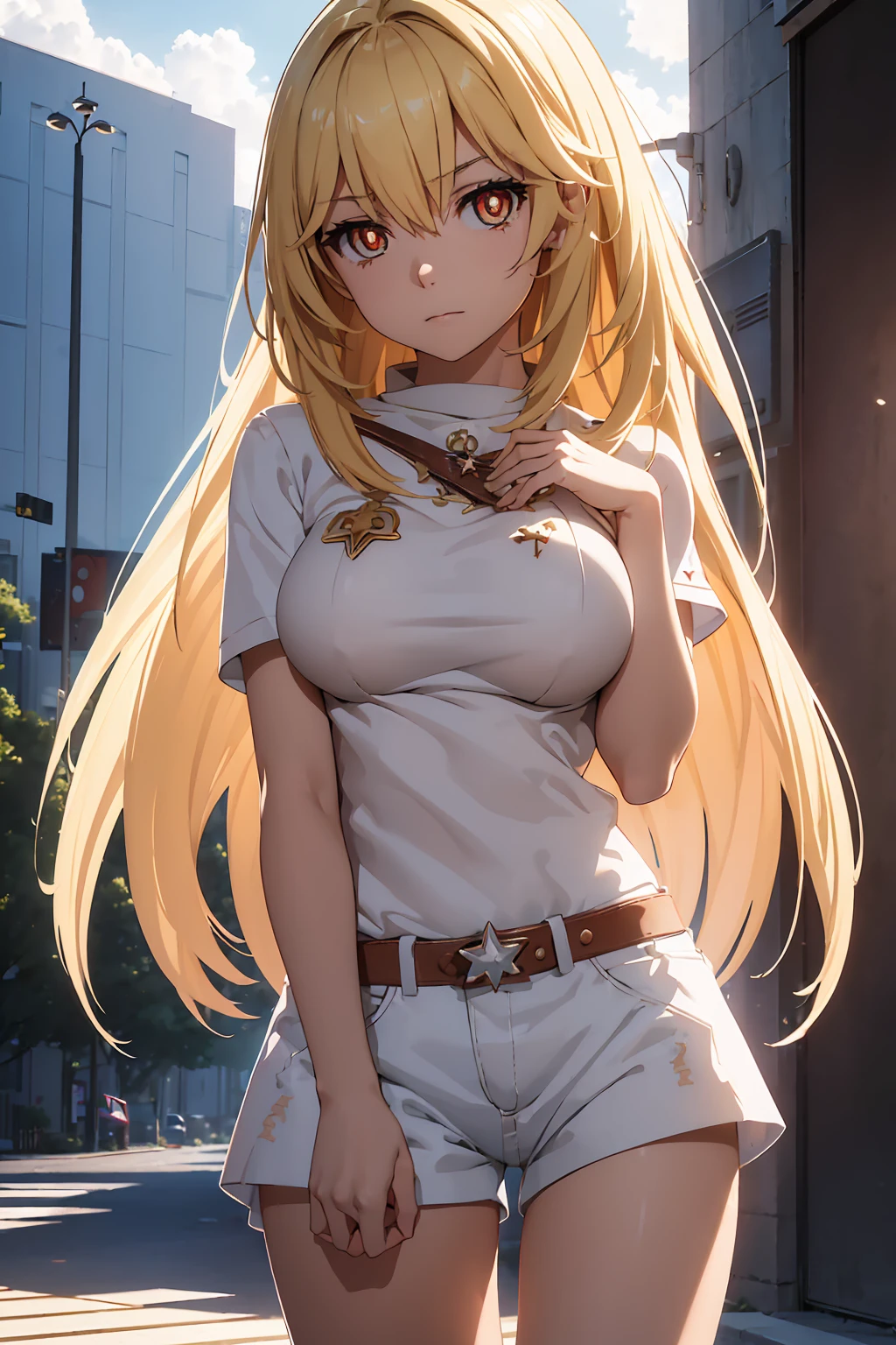 NSFW Highest quality, (masterpiece:1.2),{{Shirt lift}}　{{{{{topless}}}}＋＋,misaki shokuhou　 blonde, 　Shorts, White knee socks, Destroy Outdoor, city, null, sun, cloud, 壊す looking at viewer, (Cowboy Shot:1.5), Breaking long hair, (Symbol-shaped pupil:1.5)＋＋, (Big Breasts), (masterpiece:1.2), Highest quality, High resolution, unity 8k wallpaper, (shape:0.8), (Beautiful attention to detail:1.6), Highly detailed face, Perfect lighting, Extremely detailed CG, (Perfect hands, Perfect Anatomy),　Bedroom　Mood lighting　白いShorts