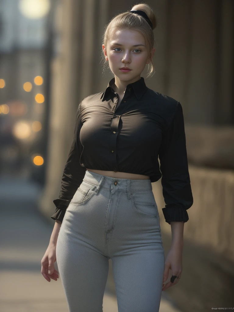 16 year old Russian girl with ponytail fringe,unbuttoned shirt,high waist black jeans, full frame shot, sexy vibe, defined thigh gap, wide hips, standing on street, carrying high-end bags, baroque and modern background, luxurious sofa, vivid colors, sharp focus, professional studio lighting, photorealistic, (best quality,4k,8k,highres,masterpiece:1.2),ultra-detailed,(realistic,photorealistic,photo-realistic:1.37),HDR,UHD,studio lighting,ultra-fine painting,physically-based rendering,extreme detail description,professional,vivid colors,bokeh,portraits,photography