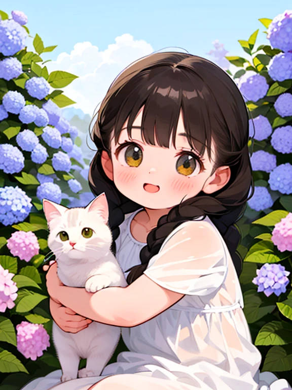 (Highest quality，4K，8K，High resolution，masterpiece:1.2), Very detailed, (Deformed, Realistic, Realistic:1.3)，One Girl，cute，Very short stature，，Have fun and laugh, Brown eyes，length, fluffy, Black hair braids，White Dress，Hug lots of cats，Many cats are much bigger than girls...，The cat is a Russian blue...，その猫はfluffy，Summer background is the garden of a country house，Hydrangea flowers，Clothes that are transparent due to sweat，