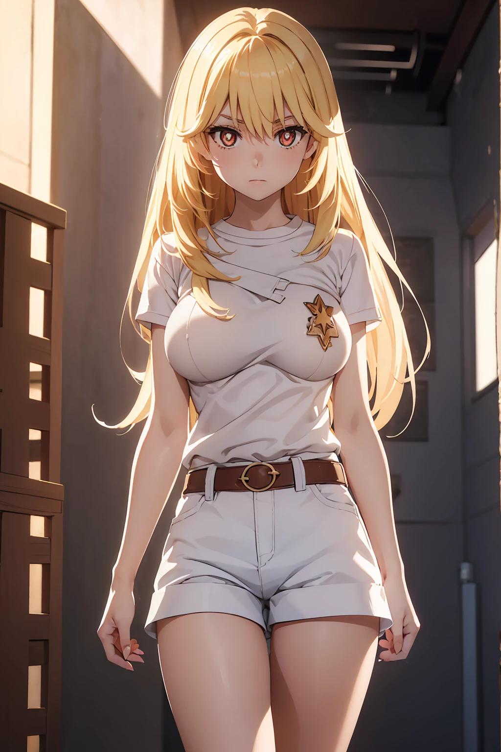 NSFW Highest quality, (masterpiece:1.2),{{Shirt lift}}　{{{{{topless}}}}＋＋,misaki shokuhou　 blonde, 　Shorts, White knee socks, Destroy Outdoor, city, null, sun, cloud, 壊す looking at viewer, (Cowboy Shot:1.5), Breaking long hair, (Symbol-shaped pupil:1.5)＋＋, (Big Breasts), (masterpiece:1.2), Highest quality, High resolution, unity 8k wallpaper, (shape:0.8), (Beautiful attention to detail:1.6), Highly detailed face, Perfect lighting, Extremely detailed CG, (Perfect hands, Perfect Anatomy),　Bedroom　Mood lighting　白いShorts　sit　M-shaped legs