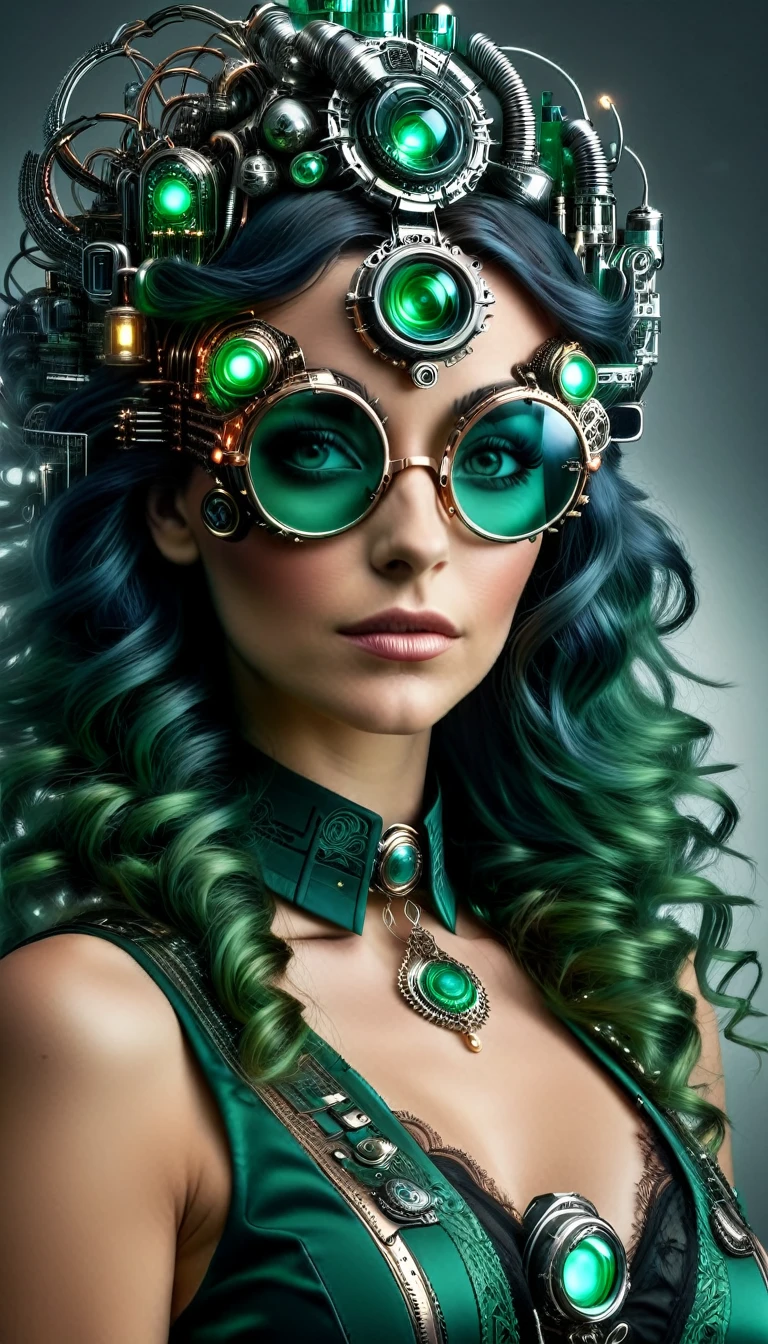 Un portrait hyperréaliste d’une sublime femme heureuse aux longs cheveux vert sombre foncé, portant une robe en dentelle blanche avec des accessoires steampunk, (elle porte des lunettes formées d'éléments circuitrytech : 1.8, ((lunettes de forme fractales avec un système complexe formé de loups et d’accessoires circuitrytech)),système très détaillé), cheveux_très_longs, situé dans une pièce de style victorien avec des éléments mécaniques, poitrine décolletée effet push-up , regard intense et sensuel 