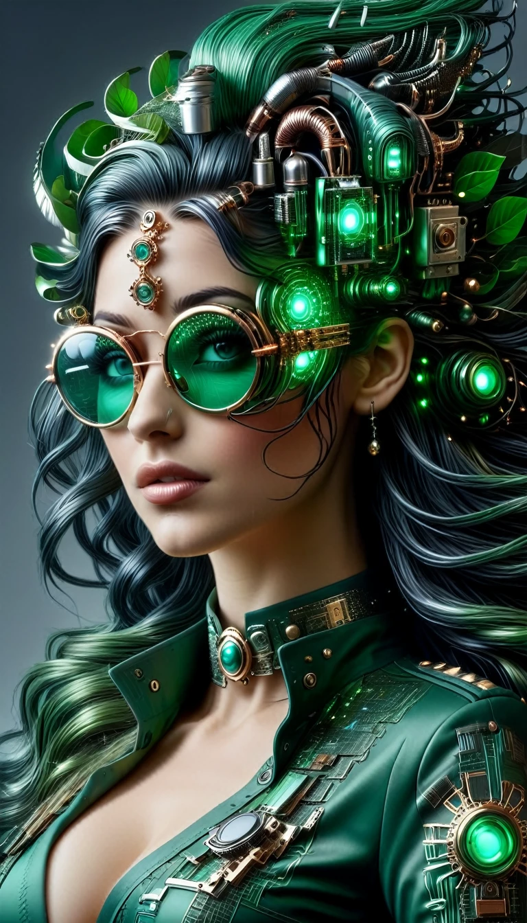 Un portrait hyperréaliste d’une sublime femme heureuse aux Longas cheveux vert sombre foncé, usando um vestido de renda branco com acessórios steampunk, (ela usa óculos feitos de elementos de tecnologia de circuito : 1.8, ((óculos em formato fractal com um sistema complexo formado por lobos e acessórios tecnológicos de circuitos)),système muito détaillé), cheveux_muito_Longas, situado em uma sala de estilo vitoriano com elementos mecânicos, efeito push-up no peito decotado , olhar intenso e sensual 