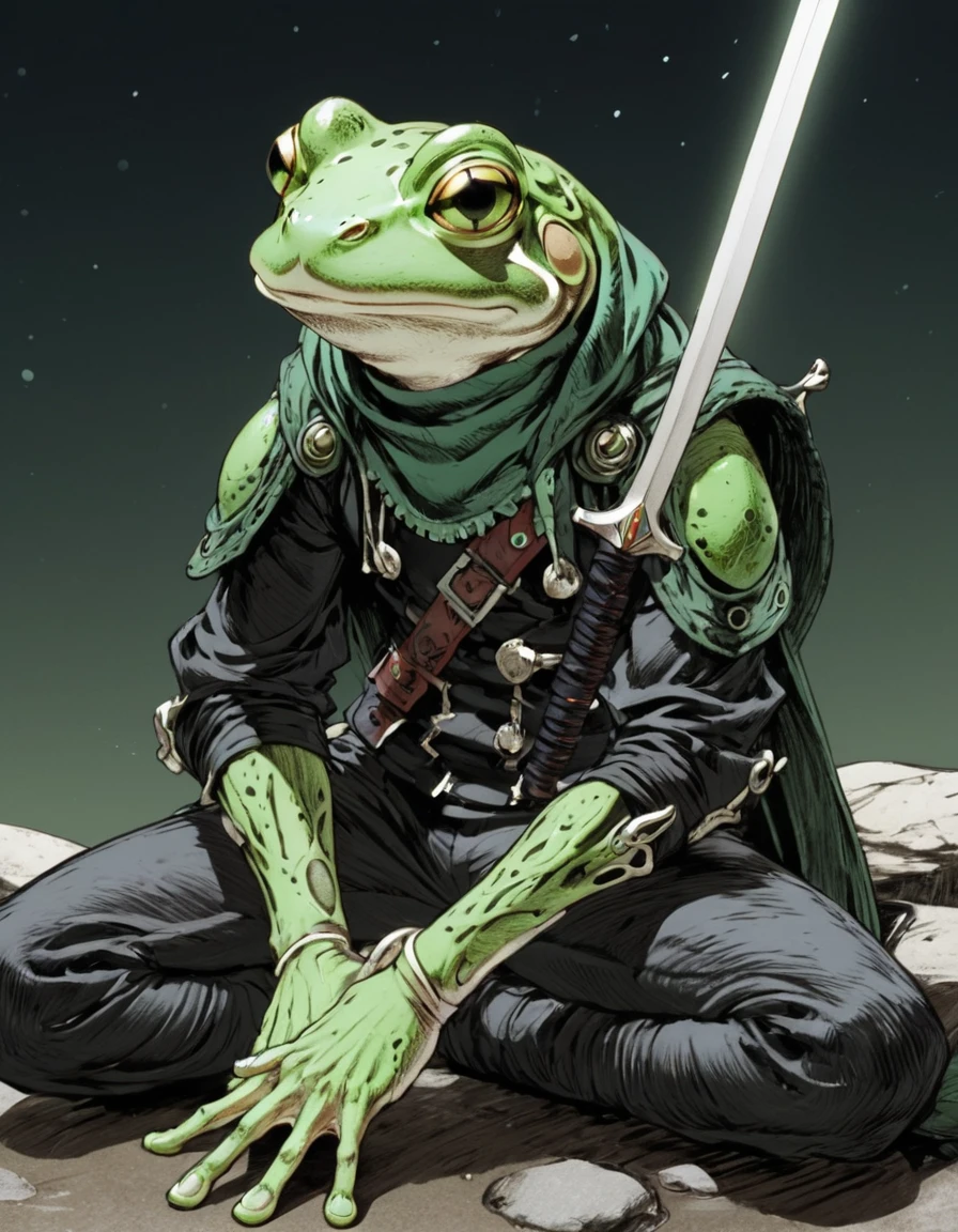 (sketch art, concept art:1.4),(masterpiece rough sketch drawing), best quality, solo closeup, meditating frog rogue, magic, warlock, dark theme, green skin, green eyes, black outfit, sword (Akihiko Yoshida Style), high contrast, space theme, grunge, punk rock, waterfall