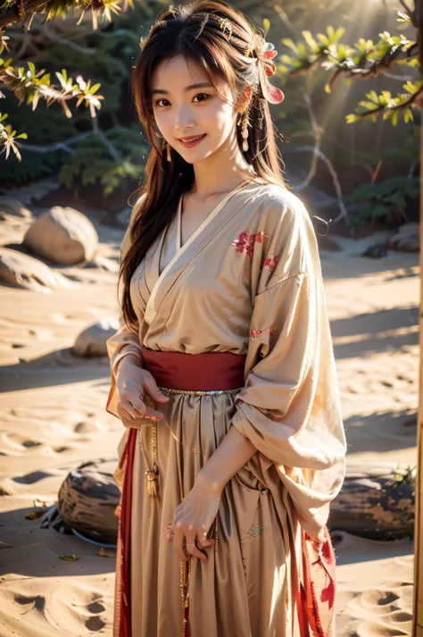 A beautiful smiling woman in a kimono in the sunlit desert