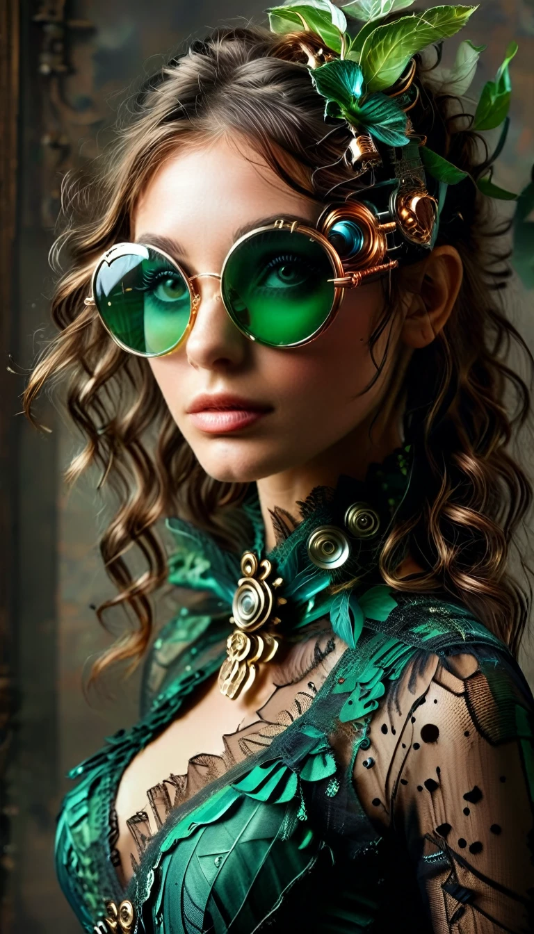 Un portrait hyperréaliste d’une sublime femme heureuse aux طويل شعر vert sombre foncé, ترتدي فستانًا من الدانتيل الأبيض مع إكسسوارات Steampunk, (إنها ترتدي نظارات مصنوعة من عناصر تكنولوجيا الدوائر : 1.8, ((نظارات على شكل كسورية مع نظام معقد يتكون من الذئاب وملحقات تكنولوجيا الدوائر)),système جداً détaillé), شعر_جداً_طويل, يقع في غرفة على الطراز الفيكتوري مع عناصر ميكانيكية, تأثير الضغط على الصدر المنخفض , نظرة مكثفة وحسية 