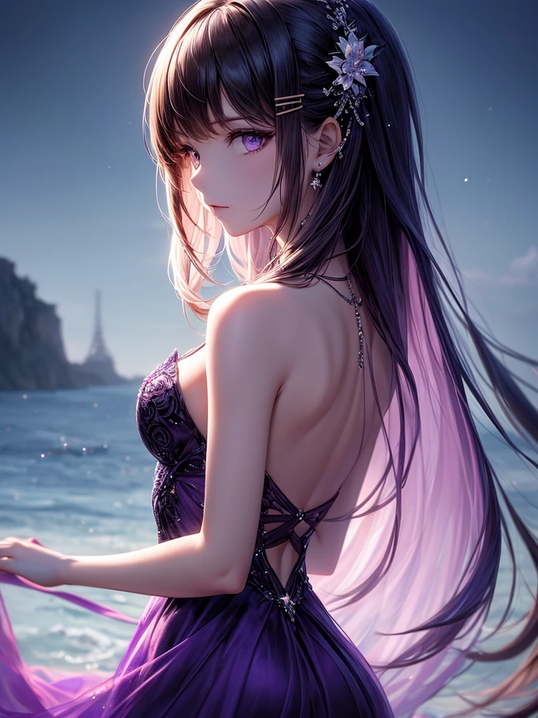 (​master piece),(top-quality:1.2),(8k anime),(perfect anatomy),((arms behind back)),1 girl,beautiful detailed purple eyes,wearing purple dress,(Beautiful silky purple hair:1.2),black flower hairpin,sideways glance,from side,(Highly detailed elegant),Rich colors,Brush strokes, Silky to the touch, Hyper Detail,create an ethereal atmosphere like a dream,film lighting,star sky,sitting outdoors,high contrast