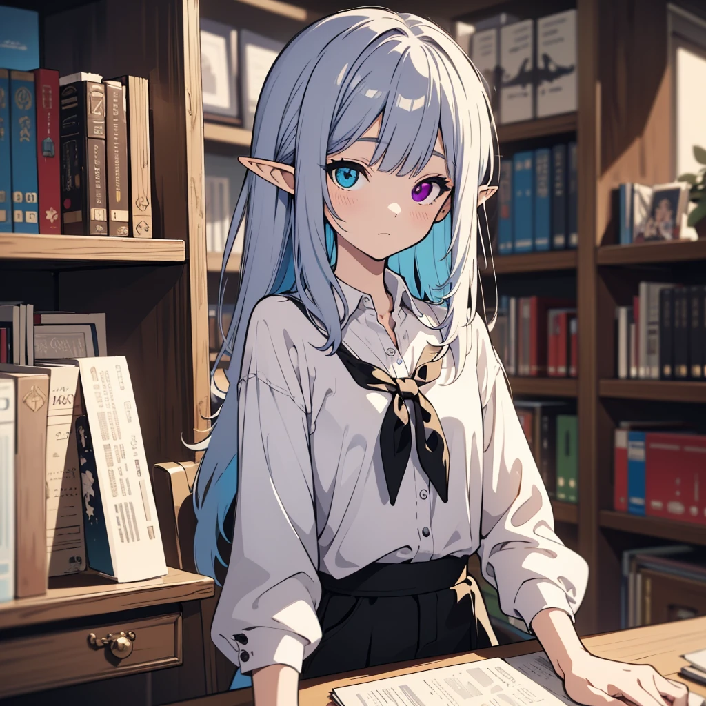 Cool elf with blue and blue-purple heterochromia, Silver straight hair, Wearing a white shirt, Wearing slacks, sitting at a desk surrounded by bookshelves,  Thinking about something, (Highest quality,8K,High resolution,masterpiece), Highly detailed facial expressions, Intricate details, Natural light, Warm colors, Soft Focus, Digital Painting, Fantasy art, Young child