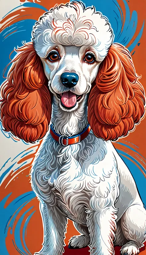 drawing of a poodle dog in red and white. blue and orange, in the style of vibrant caricatures, textural brushwork, shadowy inte...