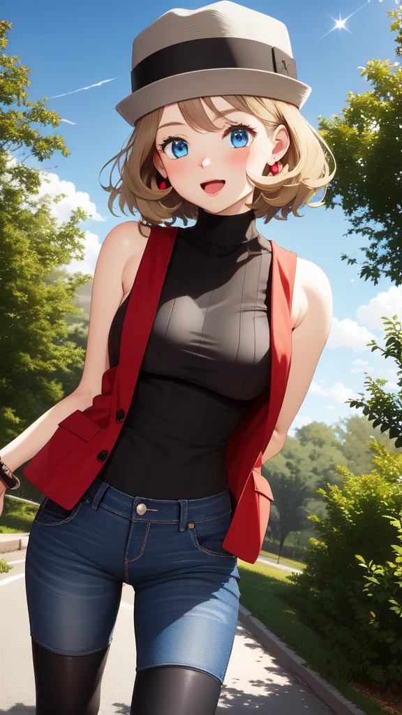 gonzarez, masterpiece, Serenaj, 1girl, grey headwear, solo, jewelry, thighhighs, sleeveless turtleneck, turtleneck, jeans, red coat, smile, sweater vest, blonde hair, blue shining earrings, hat, blue eyes, sleeveless, open mouth, eyelashes, vest, blush, bangs, breasts, medium hair, bracelet, looking at viewer, outdoors, black thighhighs, brown thighhighs, sky, day, sparkle, light, black jeans , brown vest, park , cowboy shot,  