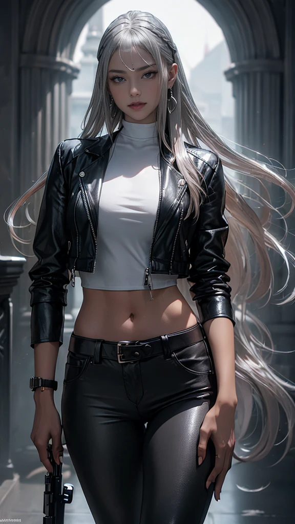 (long silver hair:1.5),Beautiful 2 Indian mercenary vampire, brown skin, (Wearing a blue leather jacket and tight black pants;1.3), Own a rifle, view from the front, shot from the waist up, dynamic pose, ambient lighting, photographic realism, intricate facial details, exquisite handcrafted details, very detailled, swirly vibrant colors, cinematic, high resolution, Raw style trends on Artstation