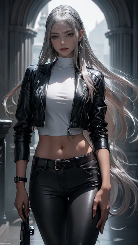(long silver hair:1.5),Beautiful 25 year old Indian mercenary vampire, brown skin, (Wearing a blue leather jacket and tight blac...