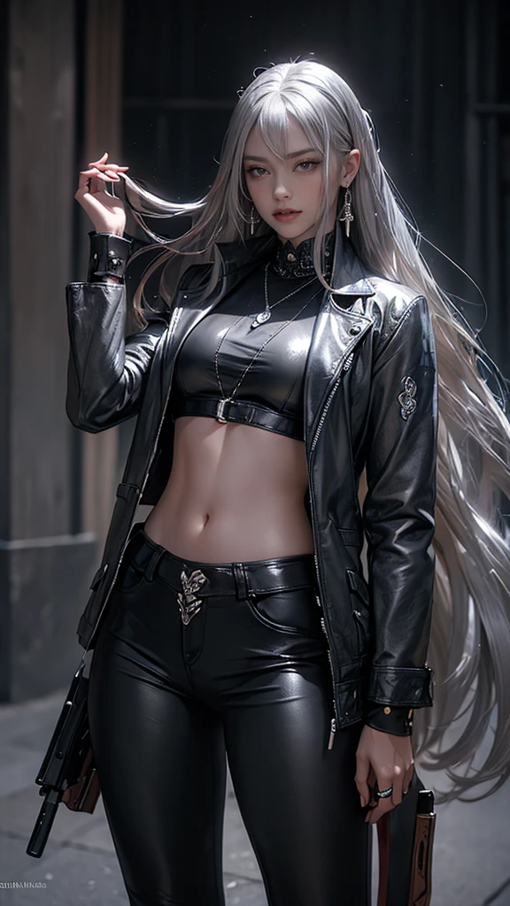 (long silver hair:1.5),Beautiful 2 Indian mercenary vampire, brown skin, (Wearing a blue leather jacket and tight black pants;1.3), Own a rifle, view from the front, shot from the waist up, dynamic pose, ambient lighting, photographic realism, intricate facial details, exquisite handcrafted details, very detailled, swirly vibrant colors, cinematic, high resolution, Raw style trends on Artstation