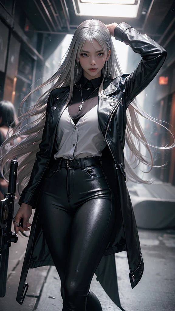 (long silver hair:1.5),Beautiful 2 Indian mercenary vampire, brown skin, (Wearing a blue leather jacket and tight black pants;1.3), Own a rifle, view from the front, shot from the waist up, dynamic pose, ambient lighting, photographic realism, intricate facial details, exquisite handcrafted details, very detailled, swirly vibrant colors, cinematic, high resolution, Raw style trends on Artstation