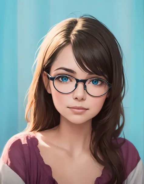 a captivating watercolor portrait of a beautiful woman with brown hair and soft blue eyes. she is wearing vintage red glasses th...