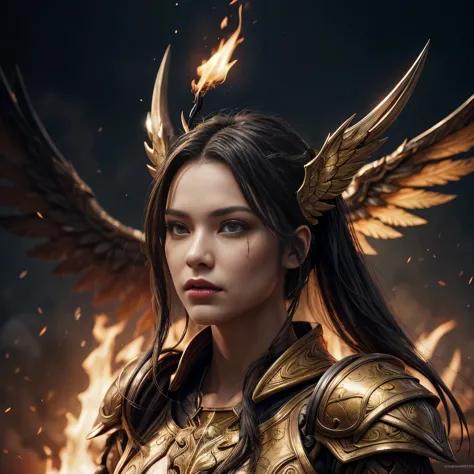 a close up of a woman with a fire and flames on her body, with fiery golden wings of flame, with fiery golden wings, epic fantas...