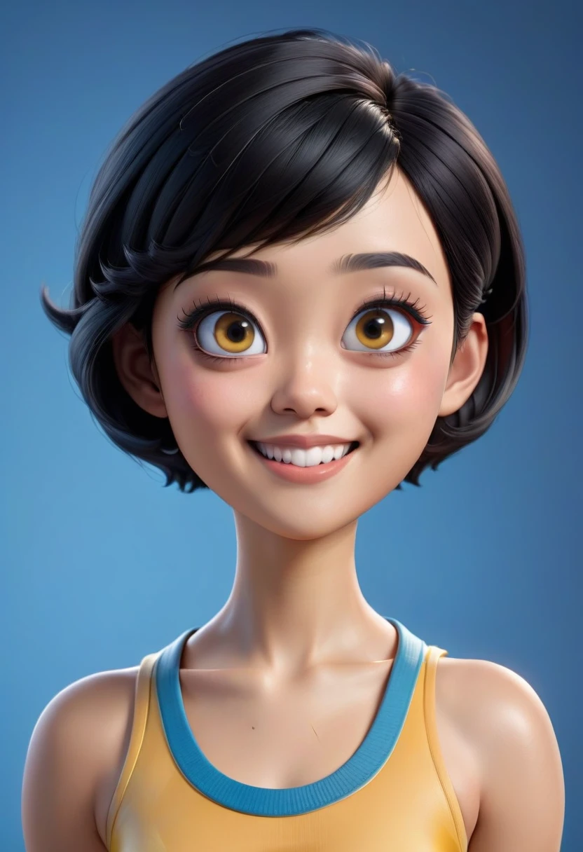 Create a 3D animation of a cartoon caricature with a big head. a beautiful 19 year old Indonesian woman. She has short black pixie cut hair. His face is oval with smooth lines, thick and neat black eyebrows, normal eyes, a small, sharp nose, and thin lips with a wide, friendly smile. He wore a yellow tank top. Gradient blue background with professional lighting. masterpiece, top quality, highly detailed skin and face, ultra-realistic, high definition, studio lighting, sharp focus, 2/3 body angle, Concept Art, 3D rendering.