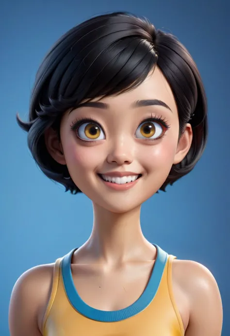 Create a 3D animation of a cartoon caricature with a big head. a beautiful 19 year old Indonesian woman. She has short black pix...