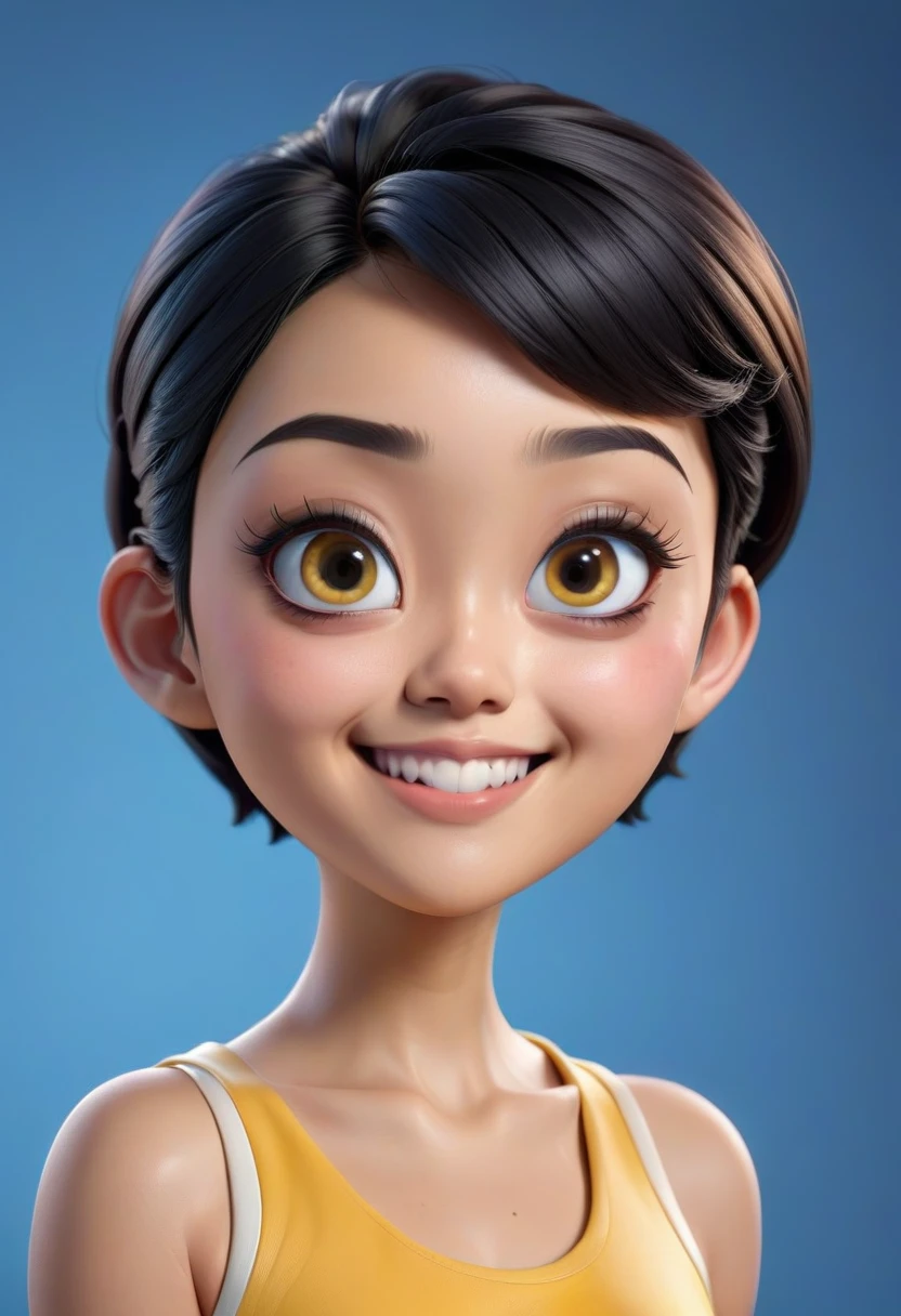 Create a 3D animation of a cartoon caricature with a big head. a beautiful 19 year old Indonesian woman. She has short black pixie cut hair. His face is oval with smooth lines, thick and neat black eyebrows, normal eyes, a small, sharp nose, and thin lips with a wide, friendly smile. He wore a yellow tank top. Gradient blue background with professional lighting. masterpiece, top quality, highly detailed skin and face, ultra-realistic, high definition, studio lighting, sharp focus, 2/3 body angle, Concept Art, 3D rendering.