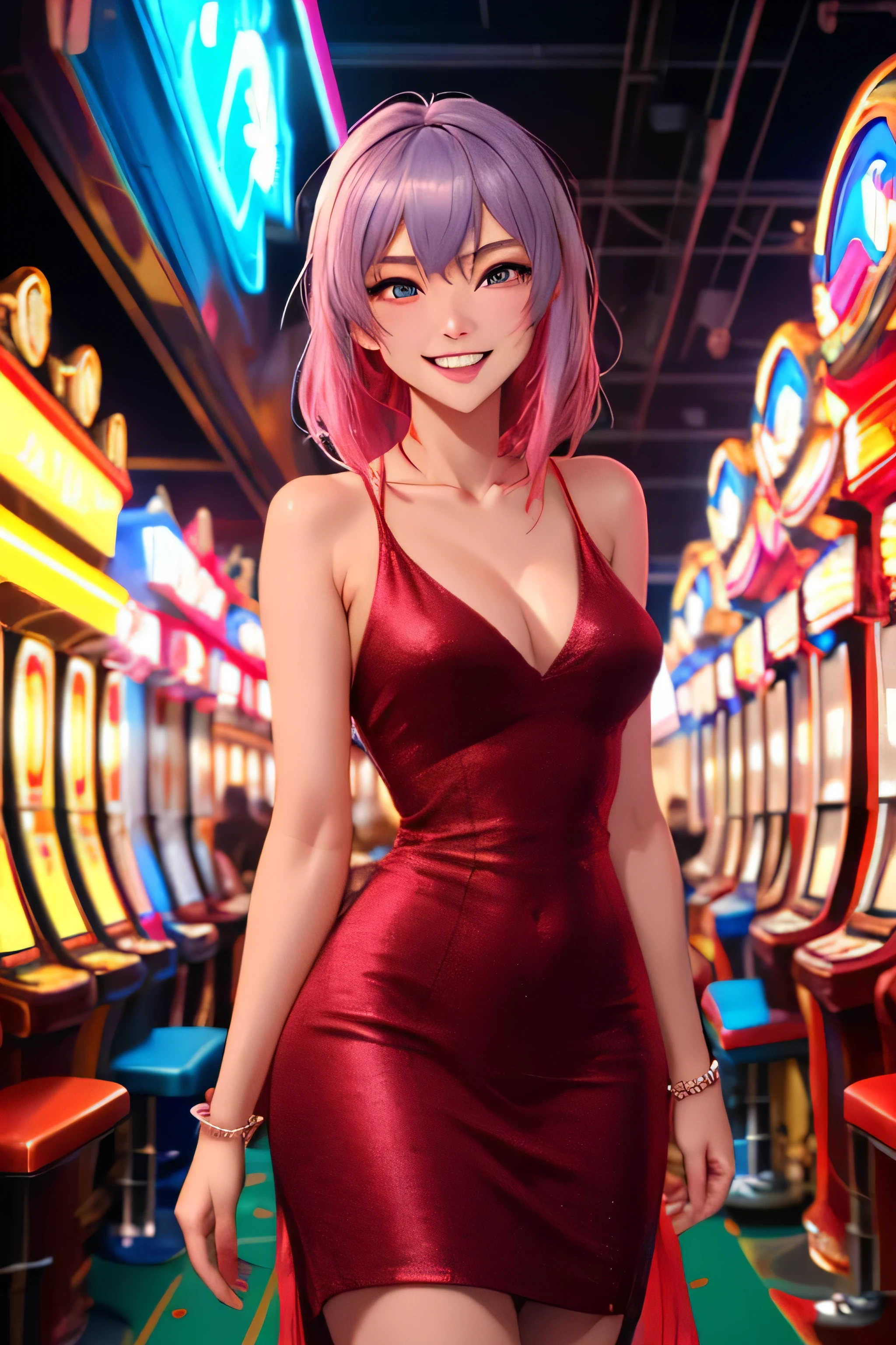 Masterpiece, best quality, 1 dealer girl, alone, look at viewer, chest, mature woman, collarbone, Random hairstyle and hair color,cyberpunk, neon light, In the building, Casino, Random dress, depth of field, playful mood,Big smile,The model is not in the center of the image.