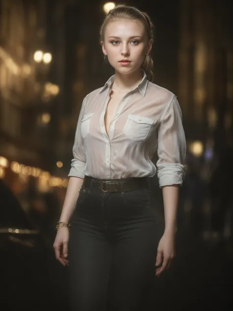 16 year old Russian girl with ponytail fringe,unbuttoned shirt,high waist black jeans, full frame shot, sexy vibe, defined thigh...