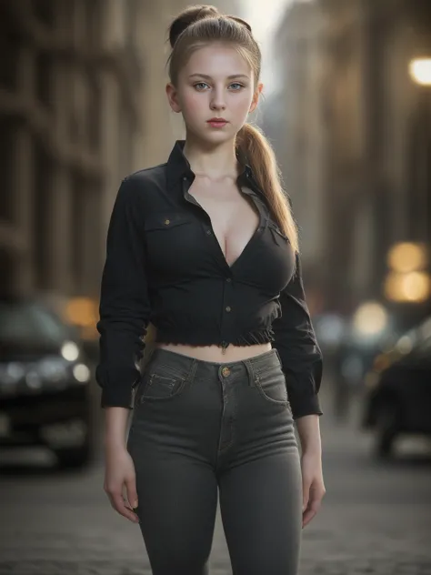16 year old Russian girl with ponytail fringe,unbuttoned shirt,high waist black jeans, full frame shot, sexy vibe, defined thigh...