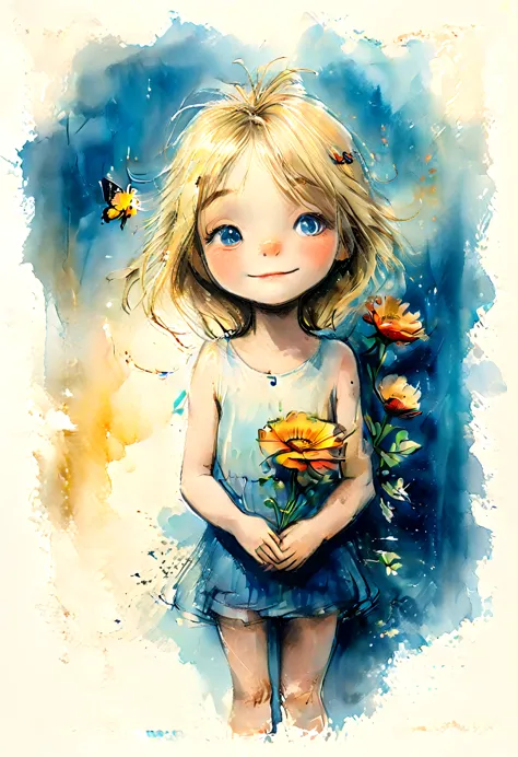 vintage watercolor drawing,  a little blonde girl holding a large vibrant flower to her chest. ao redor, there are smaller flowe...