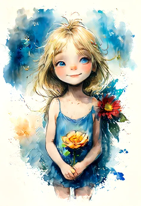 vintage watercolor drawing,  a little blonde girl holding a large vibrant flower to her chest. ao redor, there are smaller flowe...