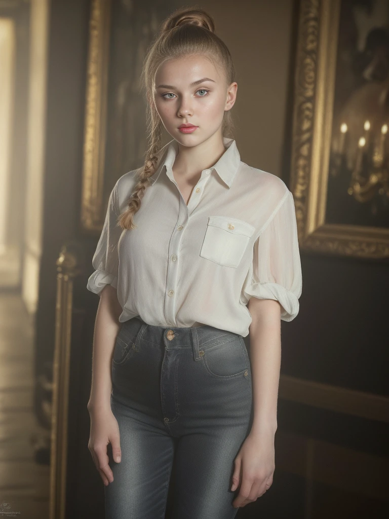 16 year old Russian girl with a ponytail fringe, wearing an unbuttoned shirt, black high waisted jeans,beautiful detailed eyes, beautiful detailed lips, extremely detailed face and eyes, long eyelashes, sexy thigh gap, wide hips, standing in a street setting carrying high-end bags, baroque and modern elements in the background, luxurious sofa, vivid colors, sharp focus, professional studio lighting, photorealistic, (best quality,4k,8k,highres,masterpiece:1.2),ultra-detailed,(realistic,photorealistic,photo-realistic:1.37),HDR,UHD,studio lighting,ultra-fine painting,physically-based rendering,extreme detail description,professional,vivid colors,bokeh,portraits