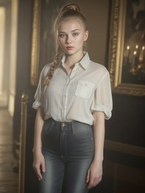 16 year old Russian girl with a ponytail fringe, wearing an unbuttoned shirt, black high waisted jeans,beautiful detailed eyes, ...